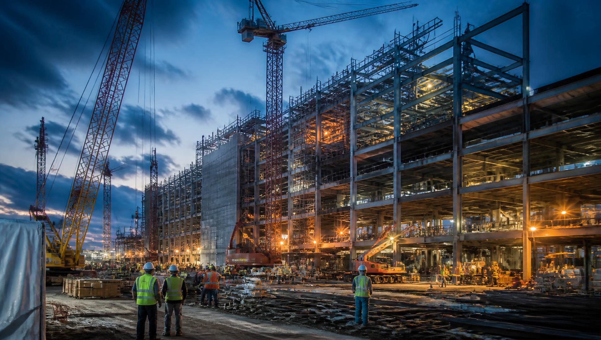 Data center construction site at dusk with cranes and workers in hard hats